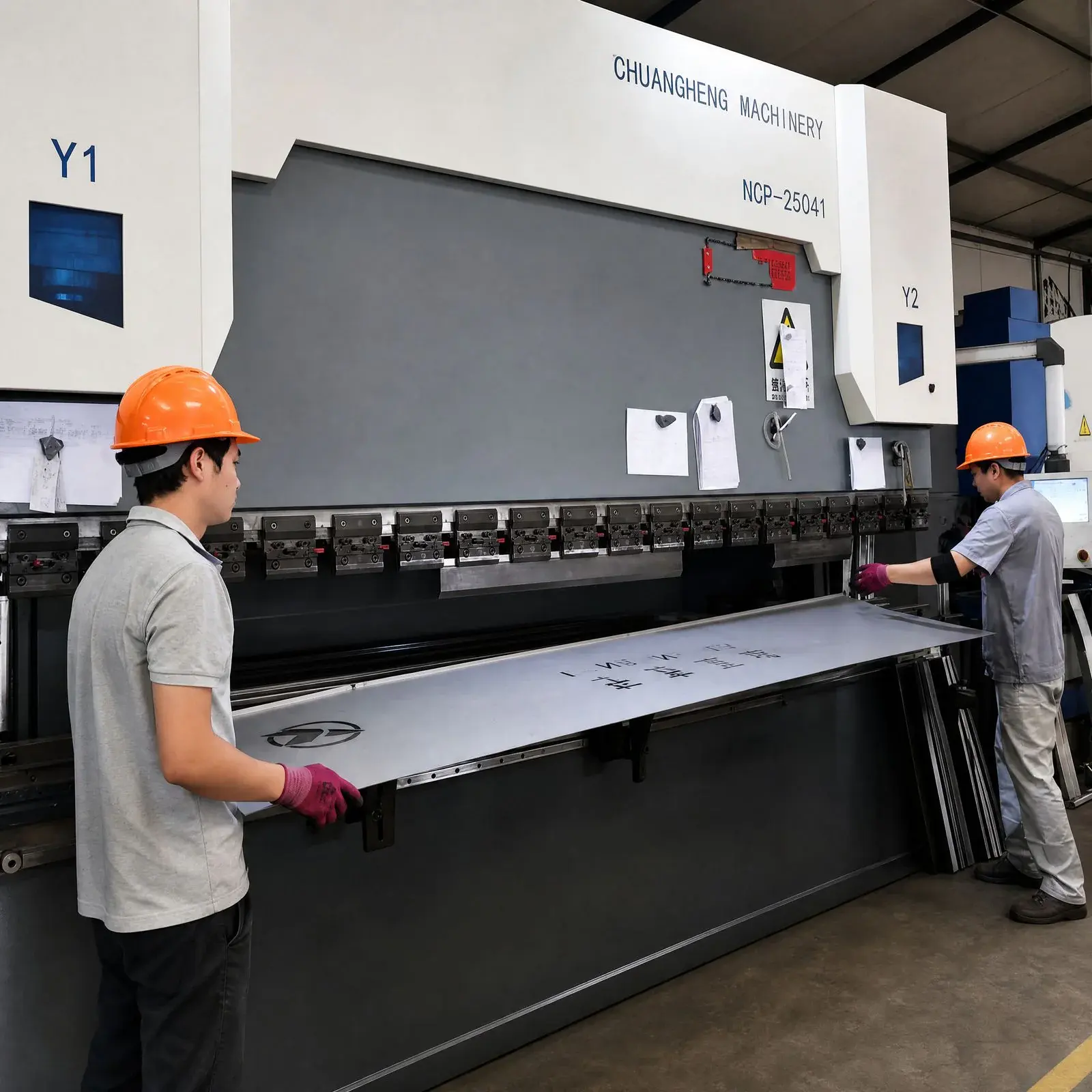 Operators forming stainless steel sheet on a press brake at Steelhui