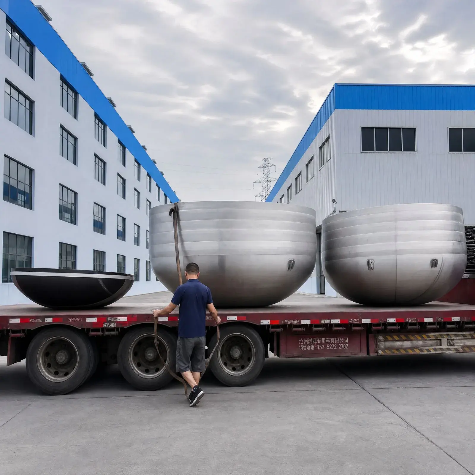 Large stainless steel tank heads ready for dispatch at Steelhui