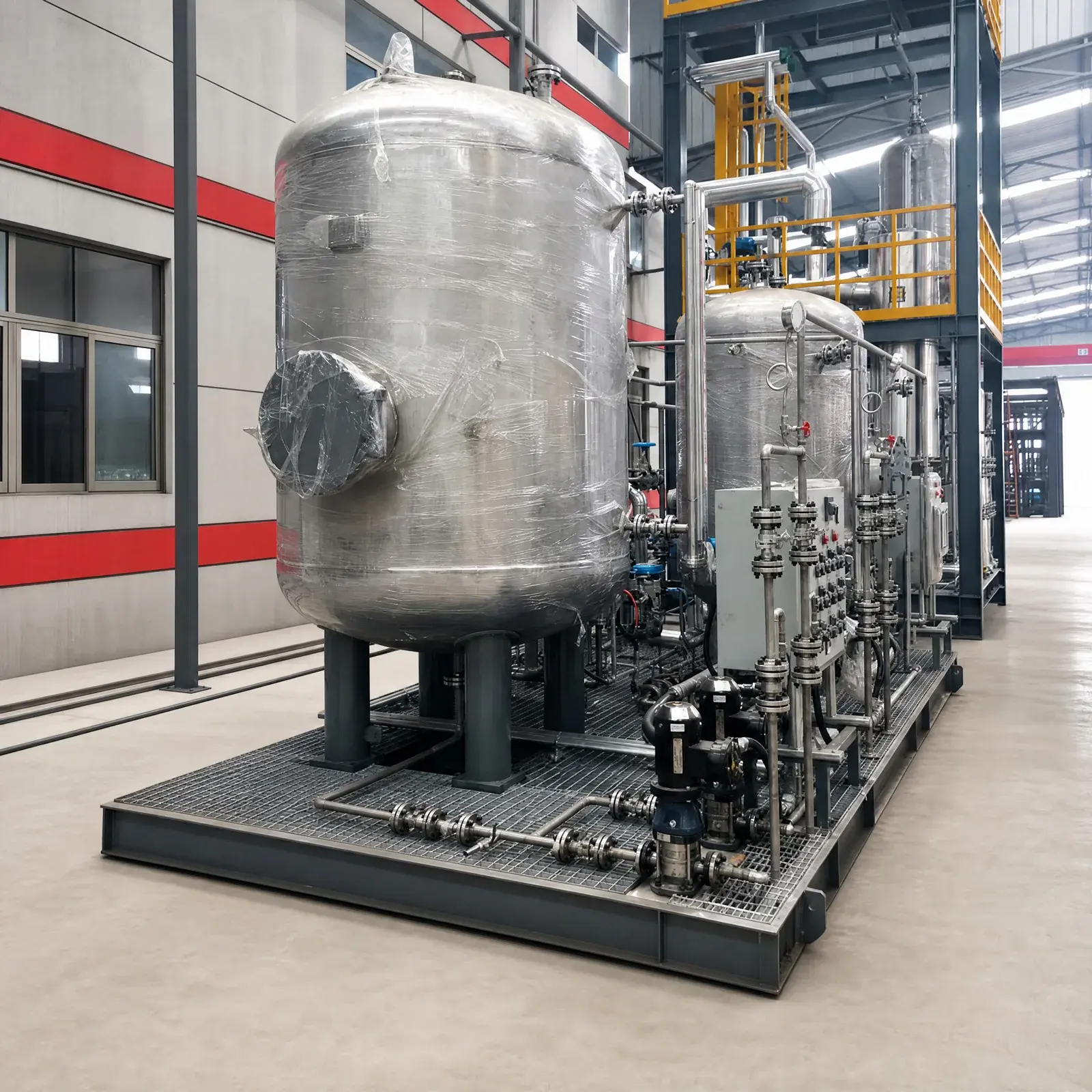 Stainless steel process vessels and piping assembled in a Steelhui manufacturing facility