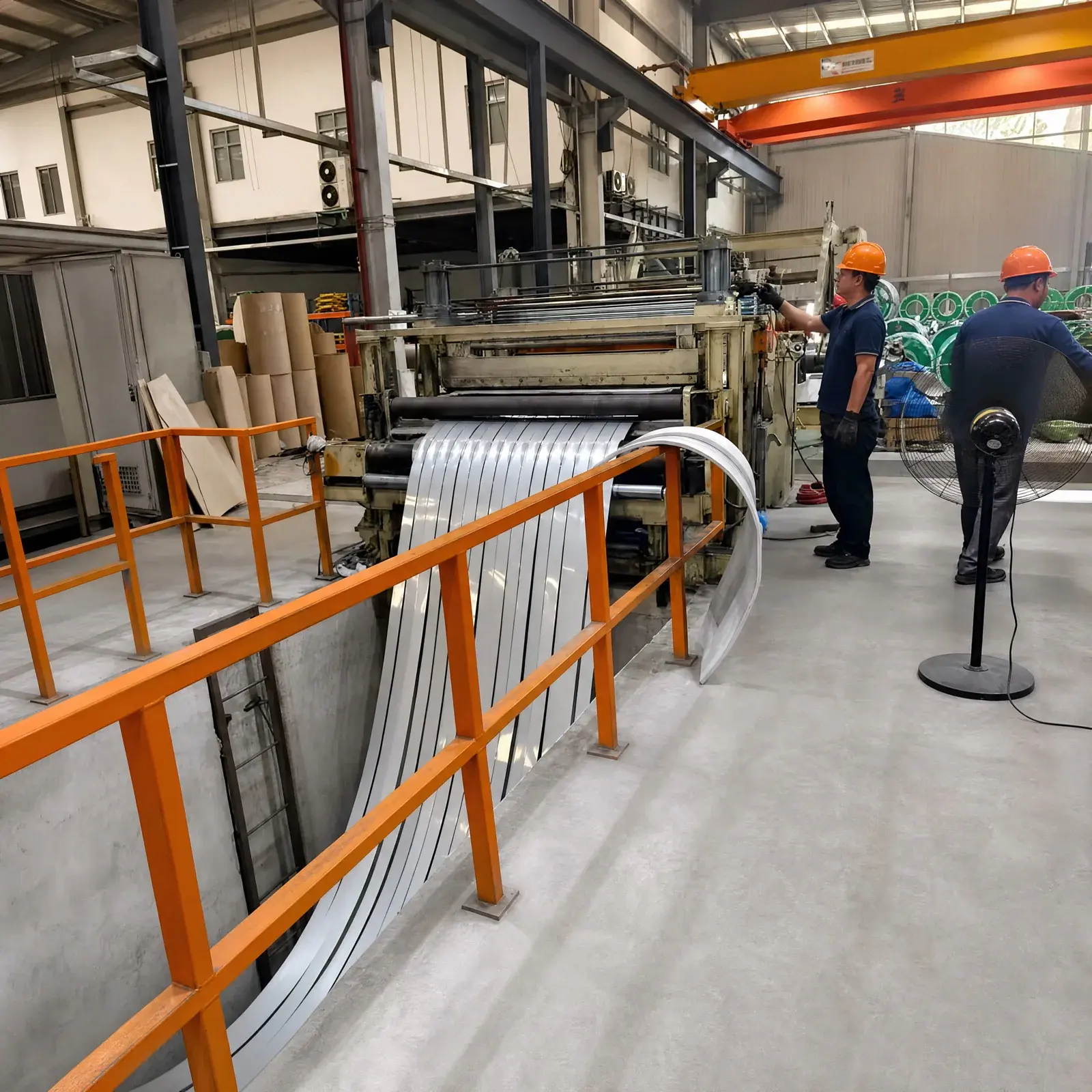 Workers running a slitting line at STEELHUI