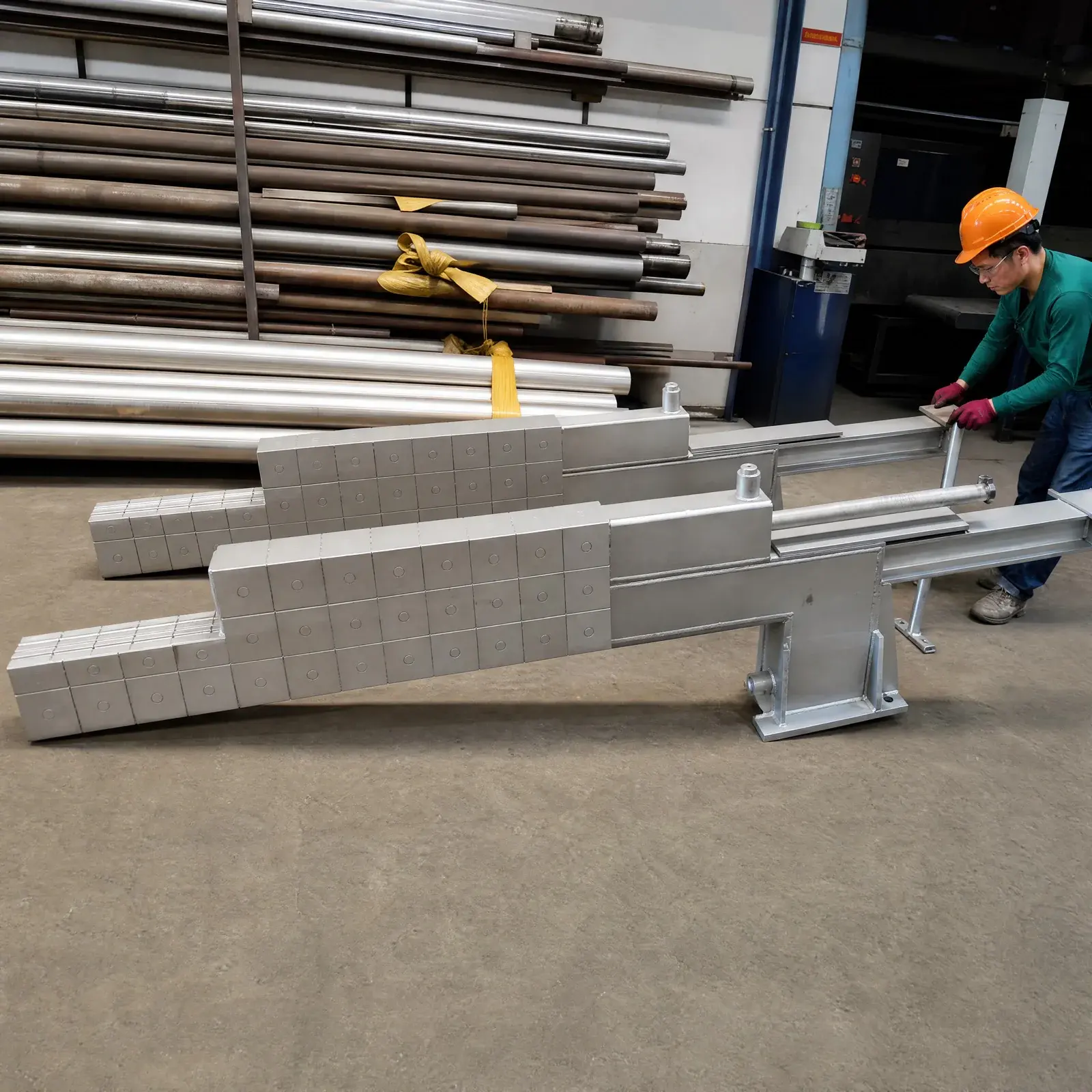Worker arranging finished stainless steel bars