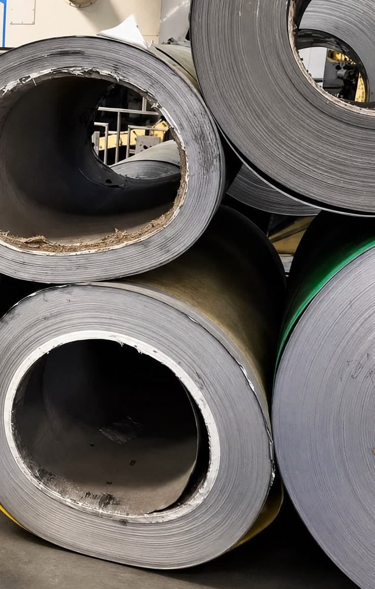 Stacked stainless steel coils in the Steelhui warehouse
