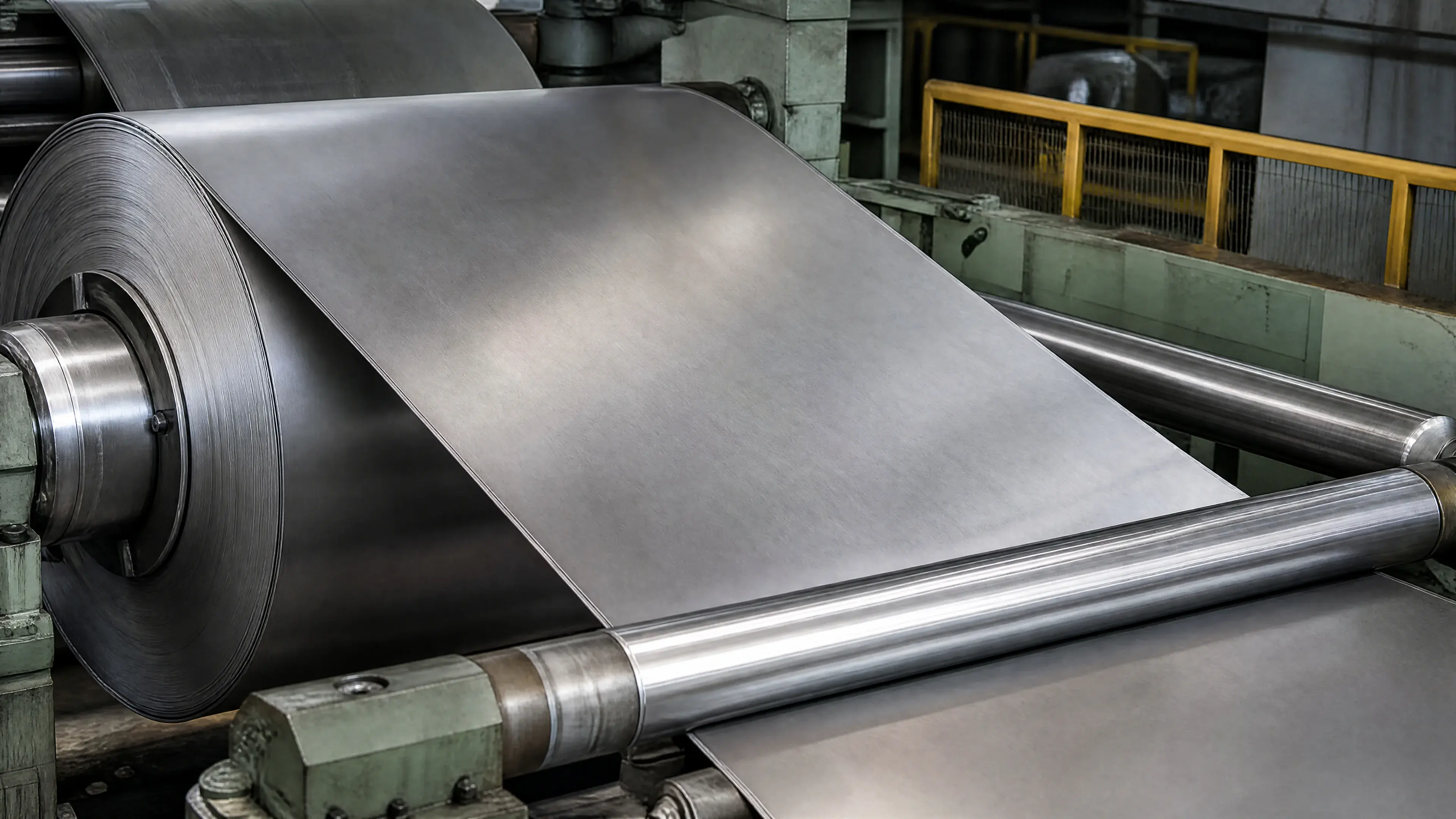 Stainless strip passing through finishing rollers in a mill.