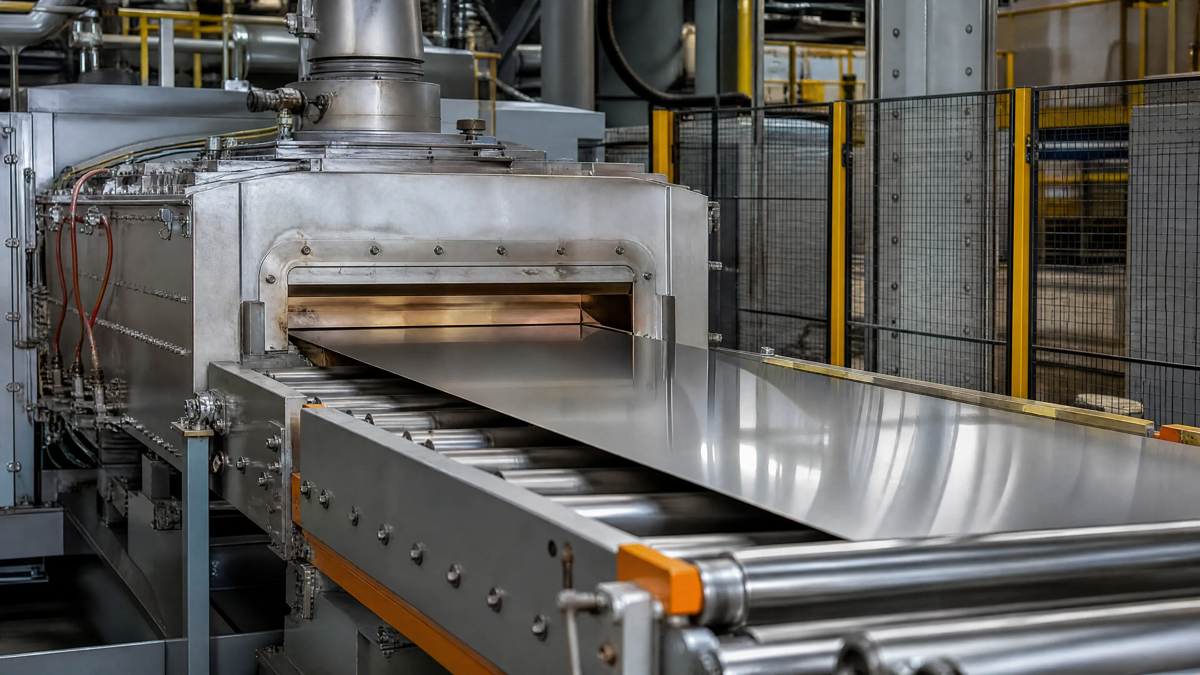 Reflective stainless strip exiting a controlled-atmosphere annealing line.