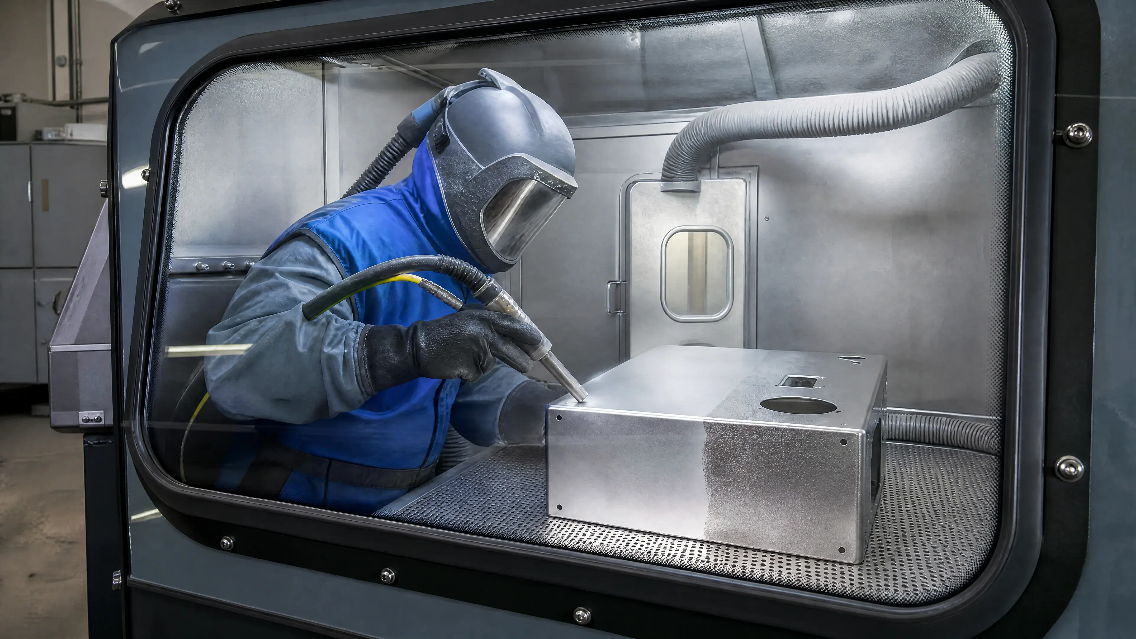Operator bead blasting a stainless enclosure inside a closed cabinet.