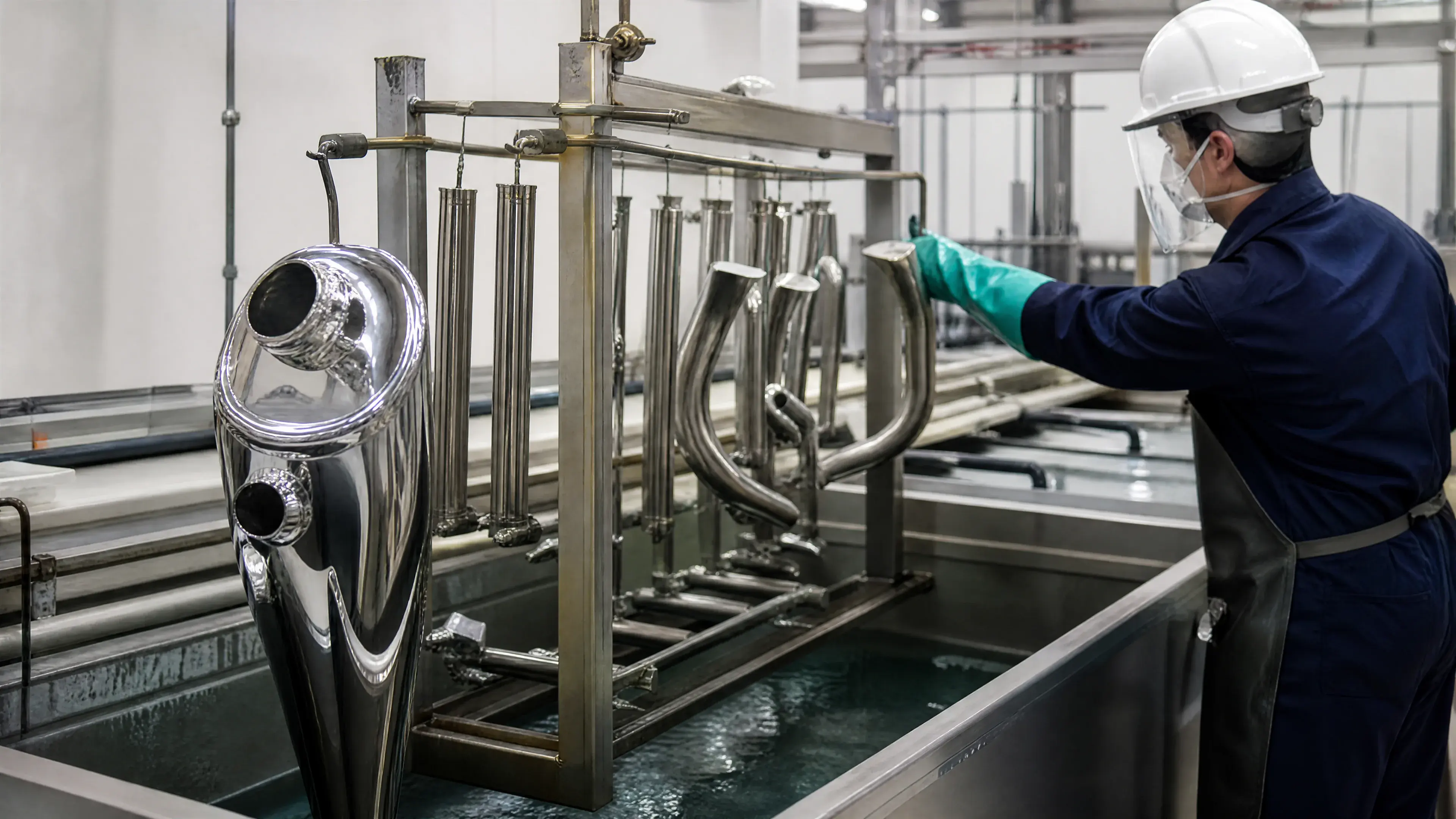 Stainless components suspended on a rack at an electropolishing line.
