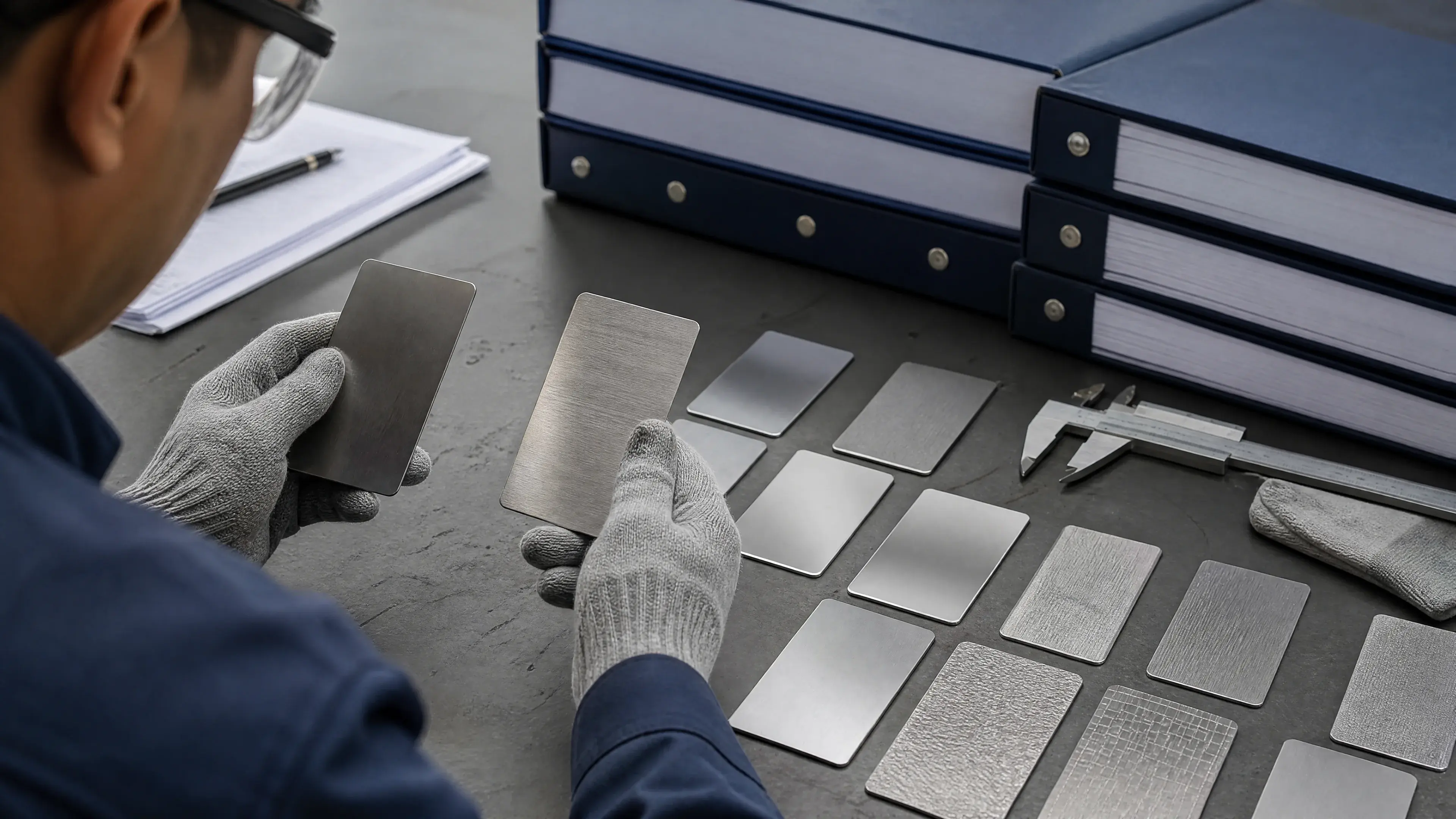 Engineer comparing stainless finish samples beside generic standards binders.