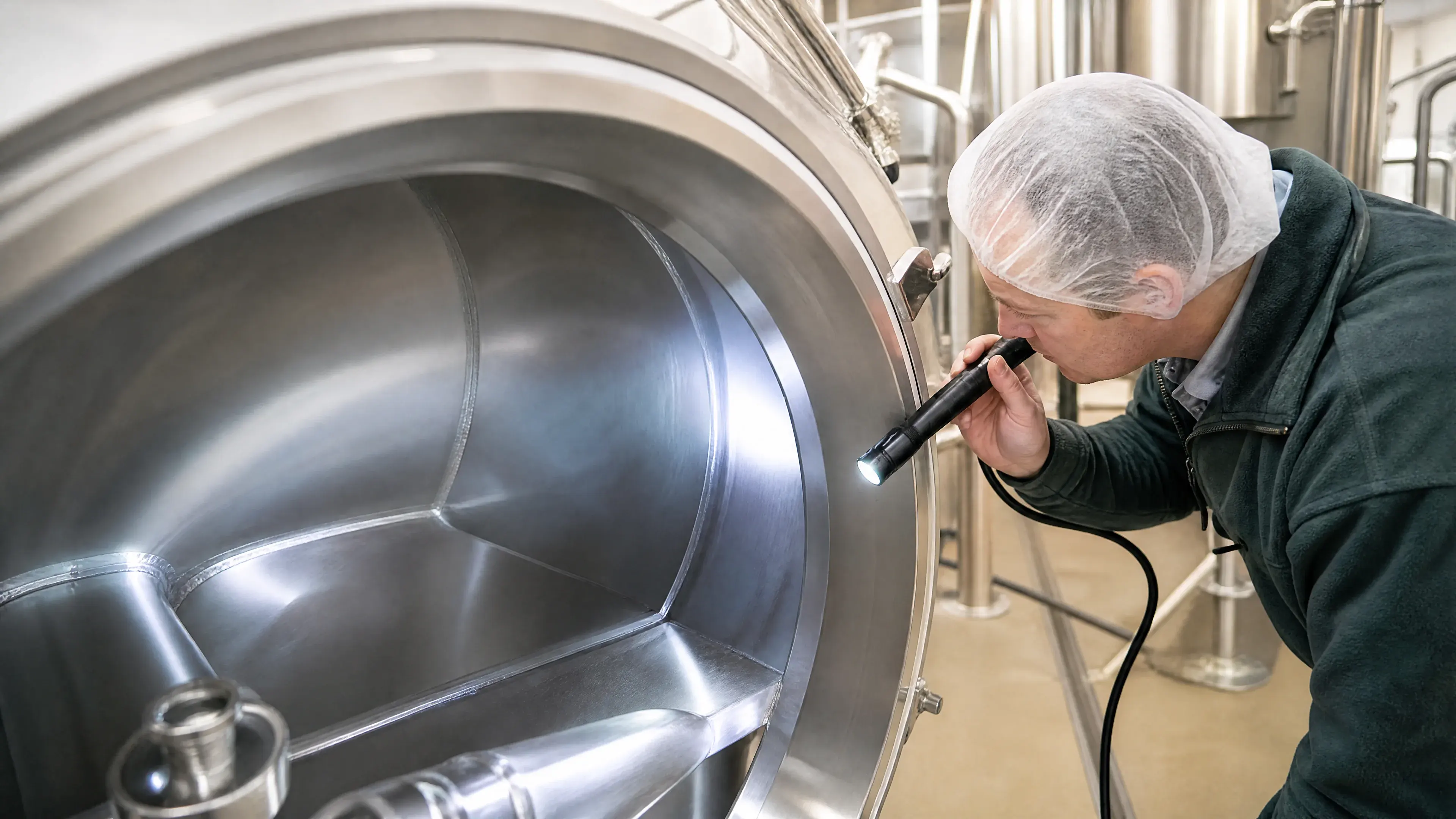 Inspector examining the smooth interior and weld of a hygienic stainless vessel.