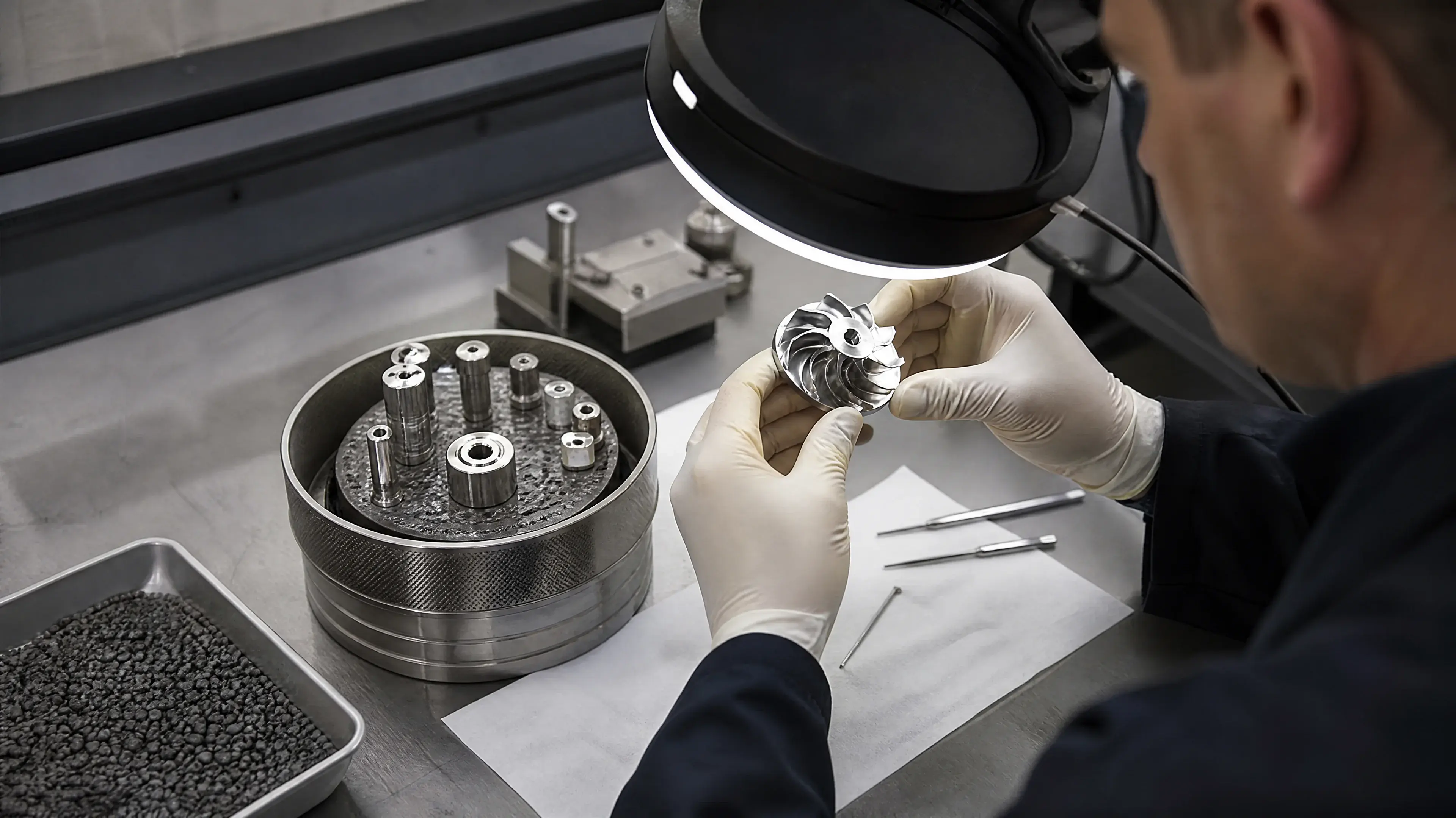 Small stainless parts at a magnetic abrasive finishing workstation.