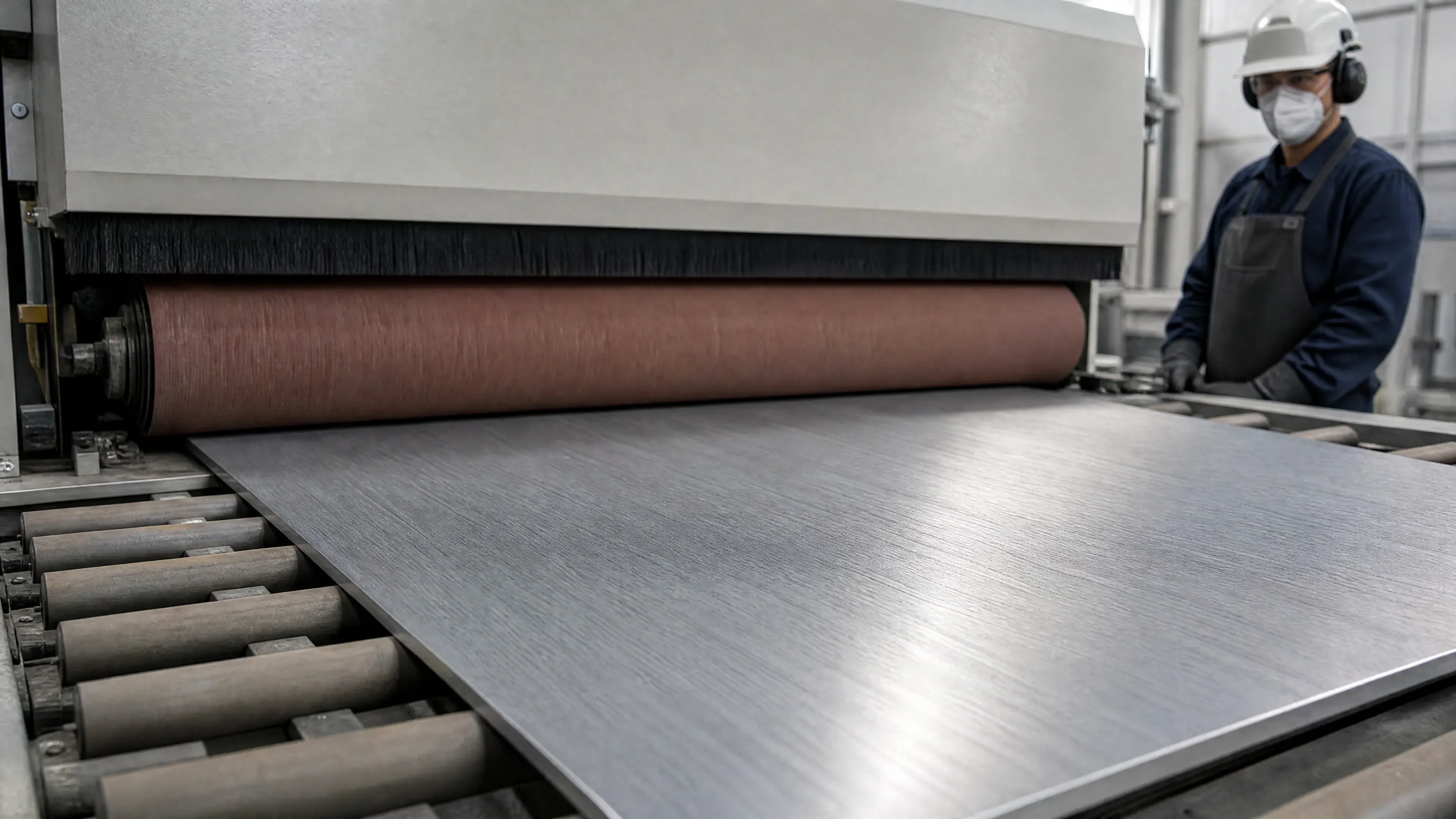 Stainless panel receiving a directional brushed finish on a belt machine.