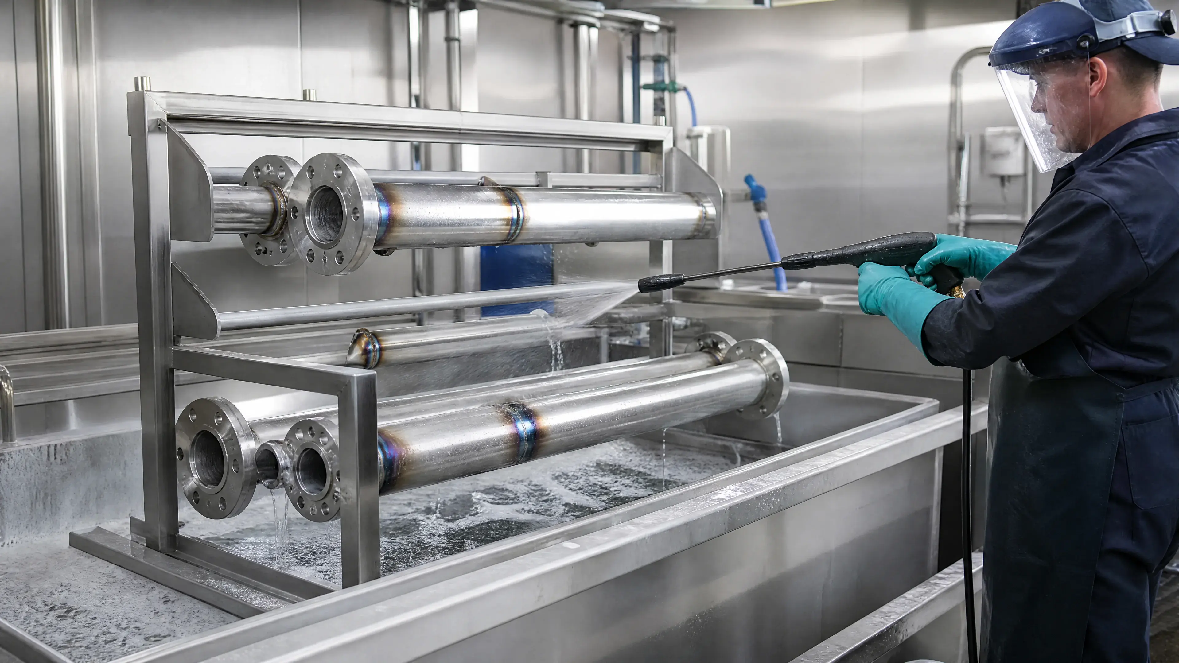 Stainless pipe spools on a controlled chemical-treatment and rinse rack.