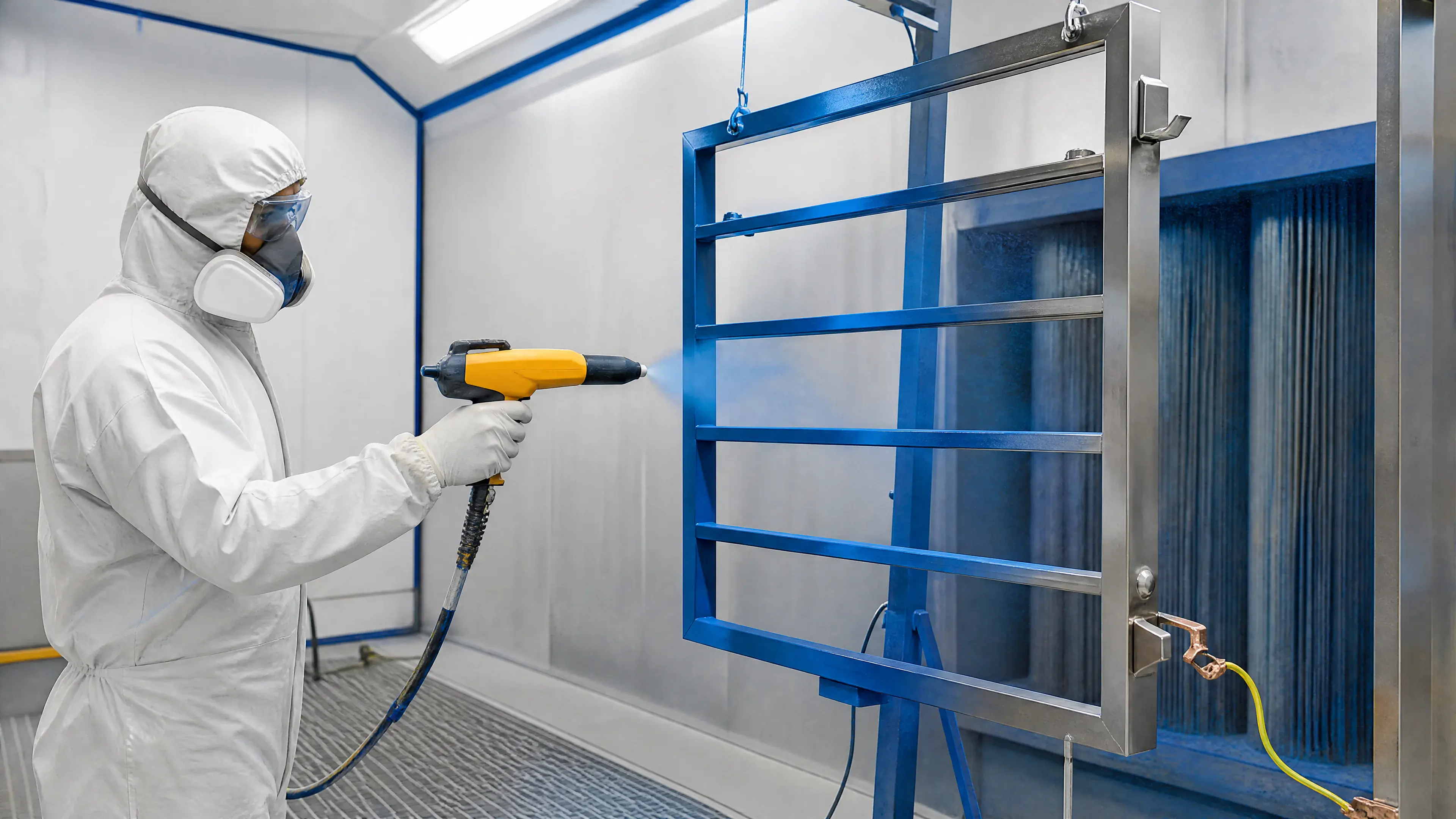 Technician applying powder coating to a grounded stainless frame.