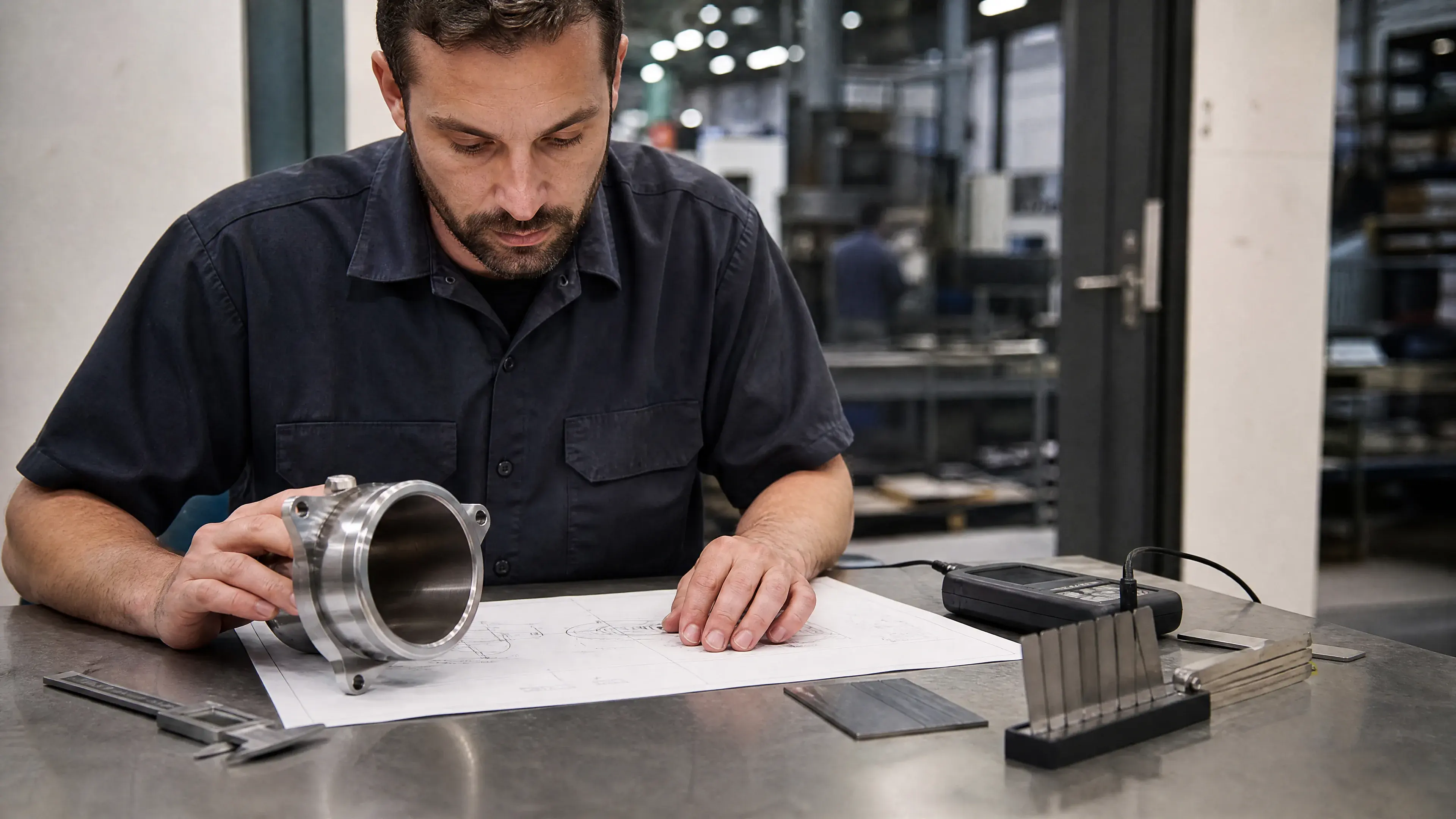 Engineer comparing a stainless part with a drawing and finish comparator.