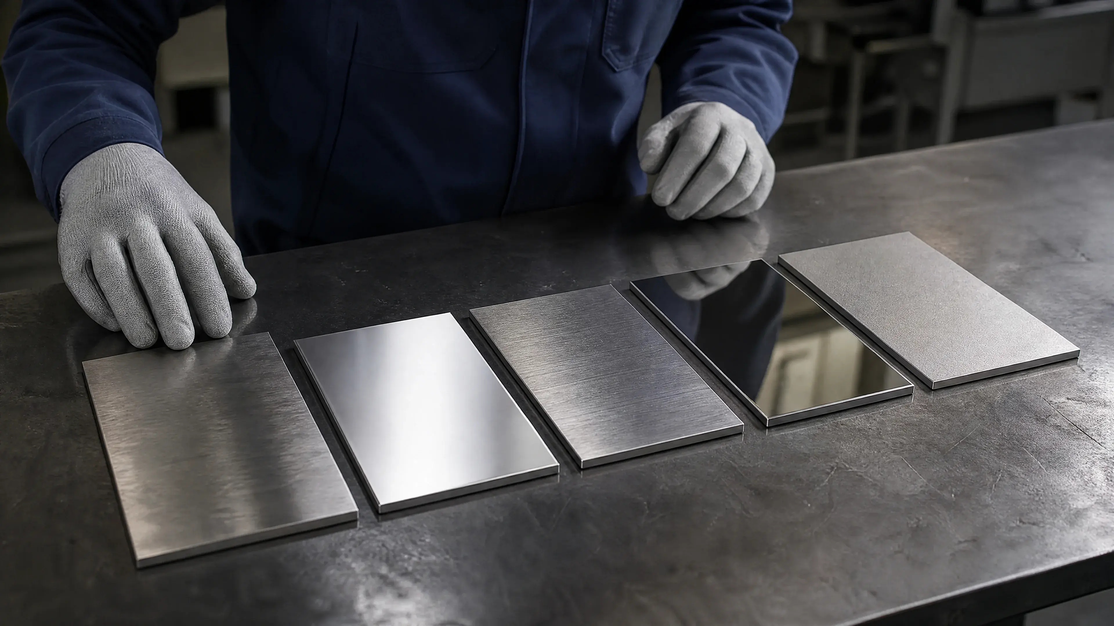 Inspector comparing stainless samples with different surface finishes.