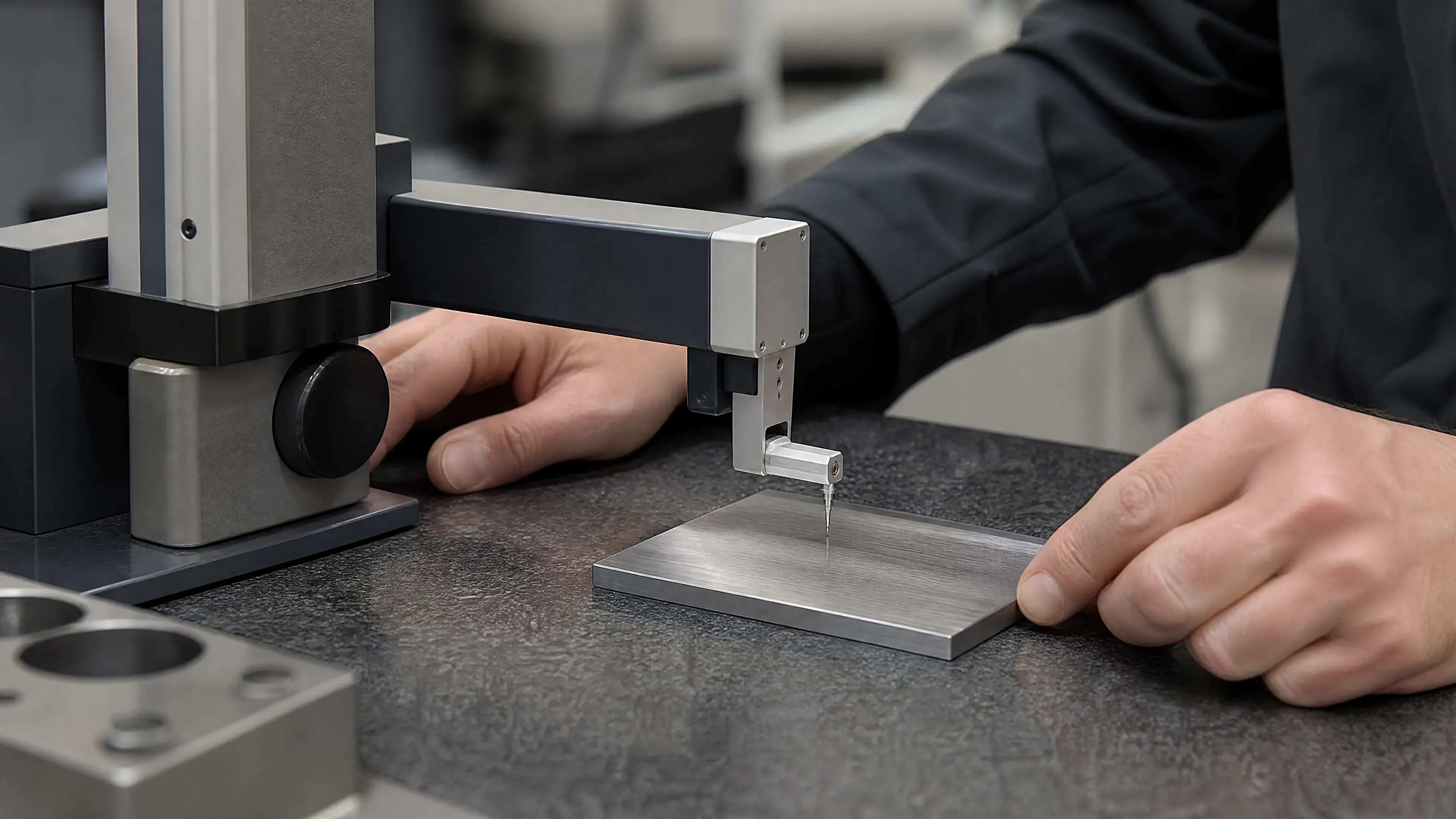 Stylus profilometer measuring a brushed stainless coupon.