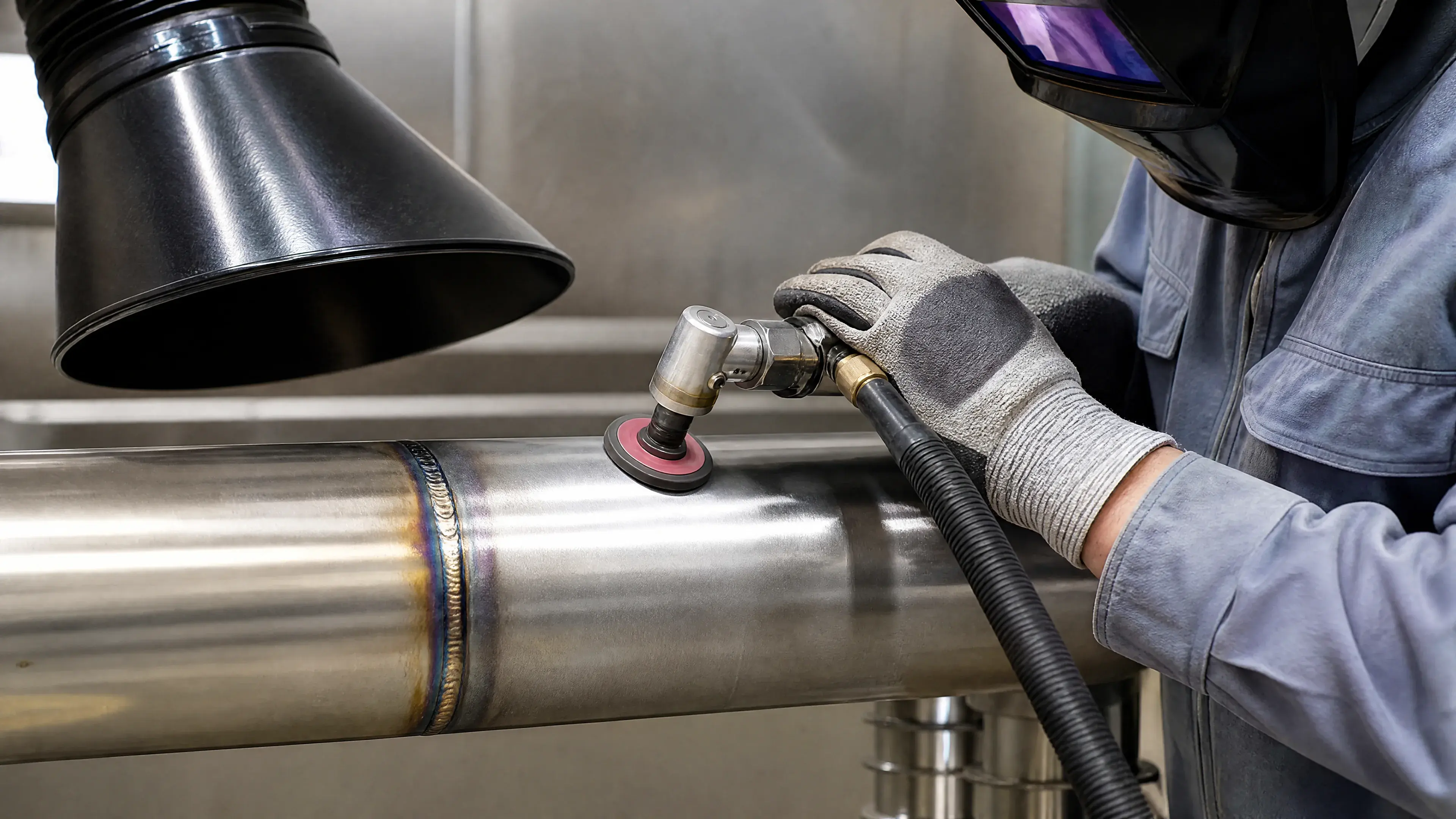 Technician blending a stainless TIG weld seam with controlled extraction.