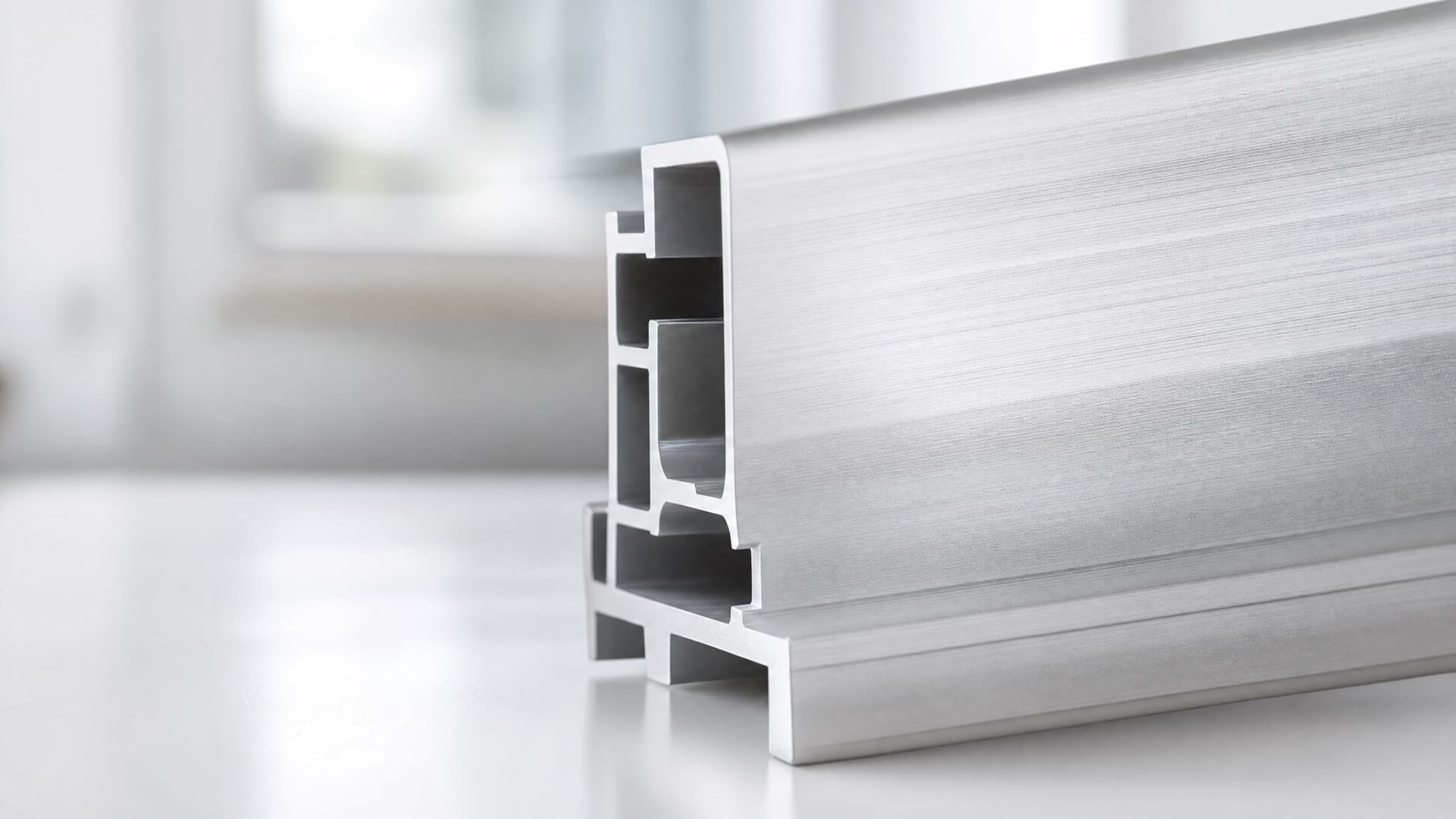 Brushed 6063 aluminium surface in soft natural light