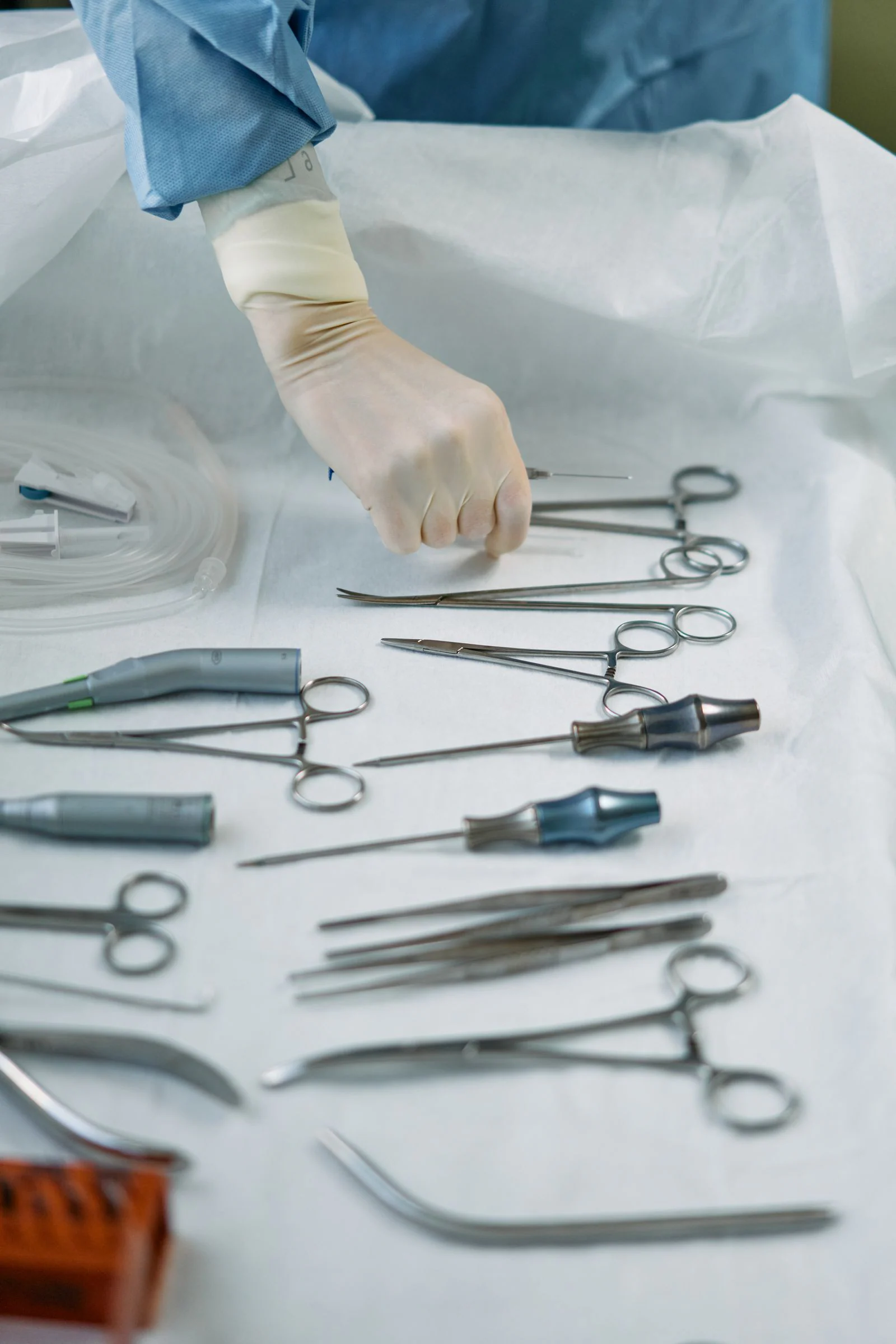 Surgical instruments and implant hardware on a sterile table