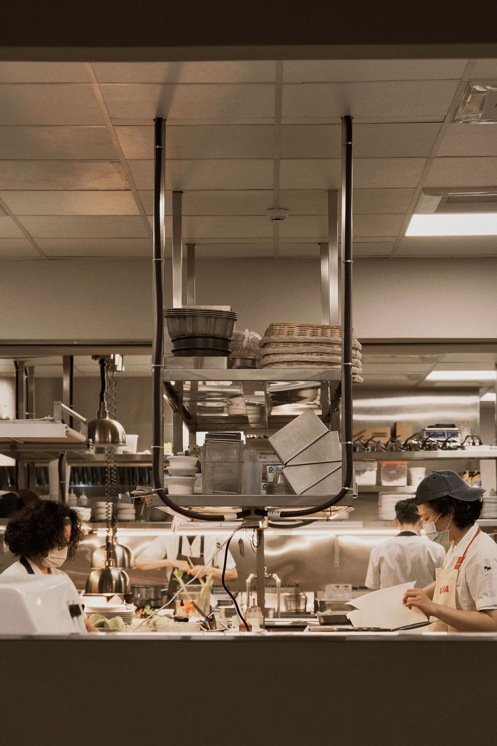 Stainless steel equipment in a commercial restaurant kitchen