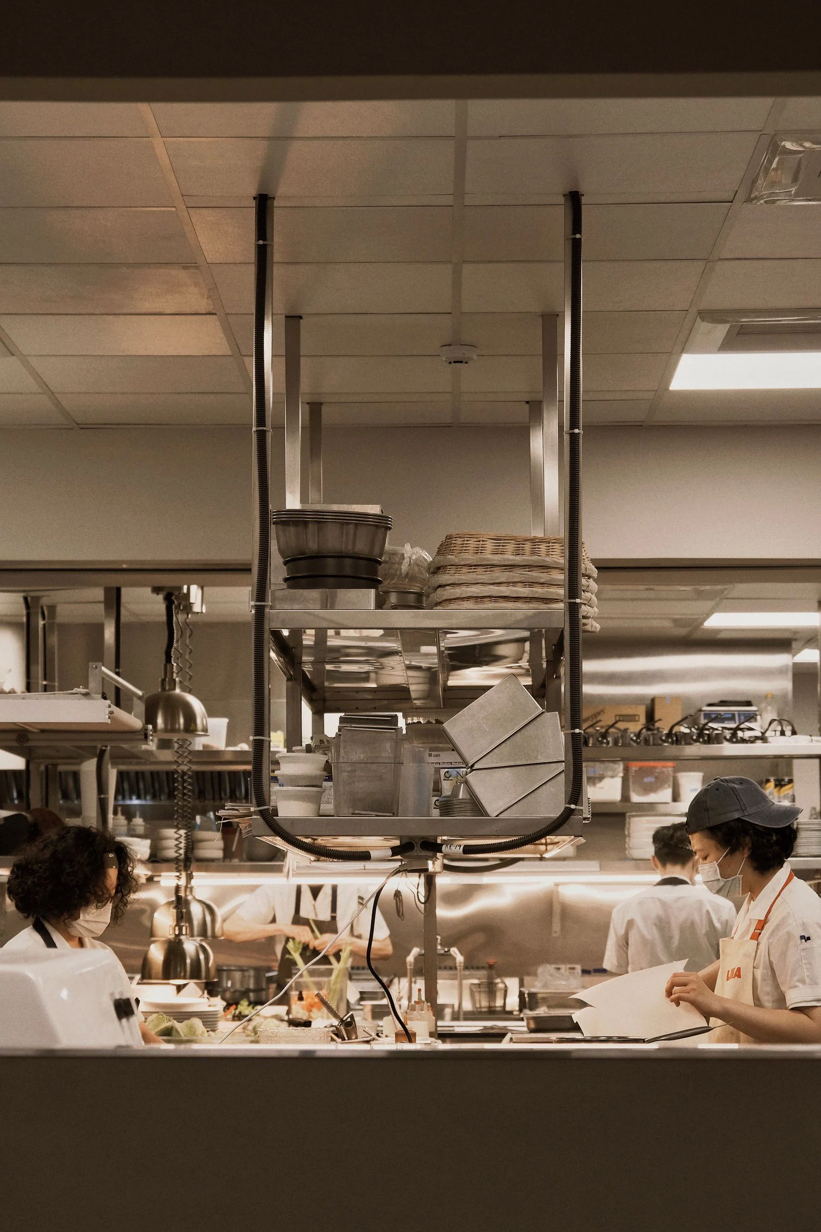 Stainless steel equipment in a commercial restaurant kitchen