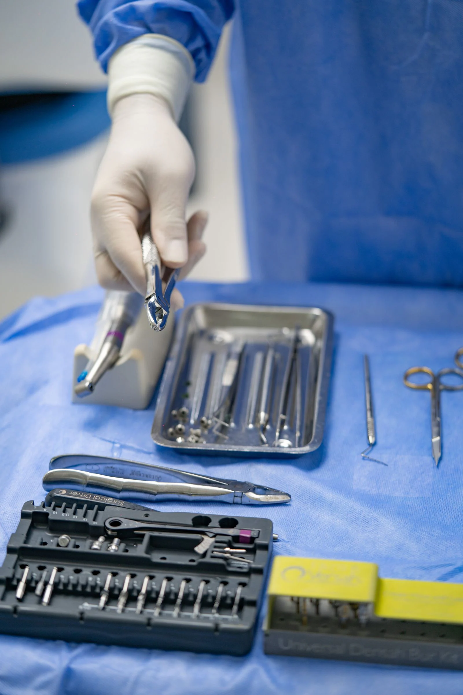Surgical instruments laid out on a table